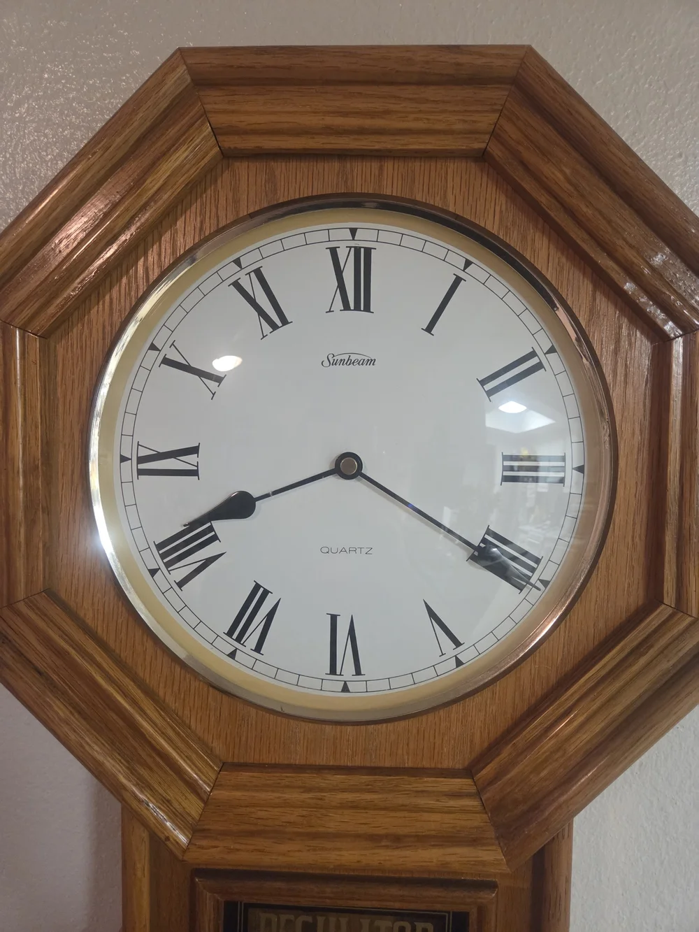 Sunbeam Oak-Tone Regulator Wall Clock - White Dial, Gold Accents